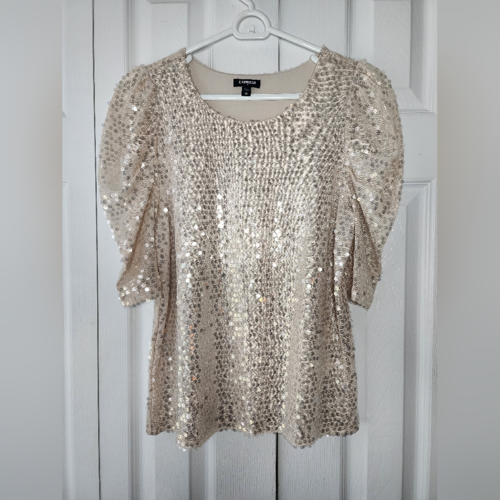 EXPRESS WOMENS MEDIUM SEQUIN EMBELLISHED TOP BLOUSE RUFFLE SLEEVES